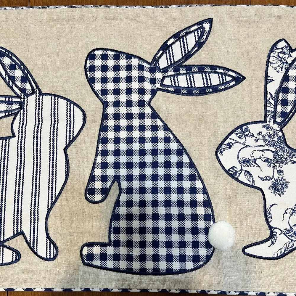 Blue White Bunny Table Runner Gingham Floral Easter Farmhouse Runner 47.5